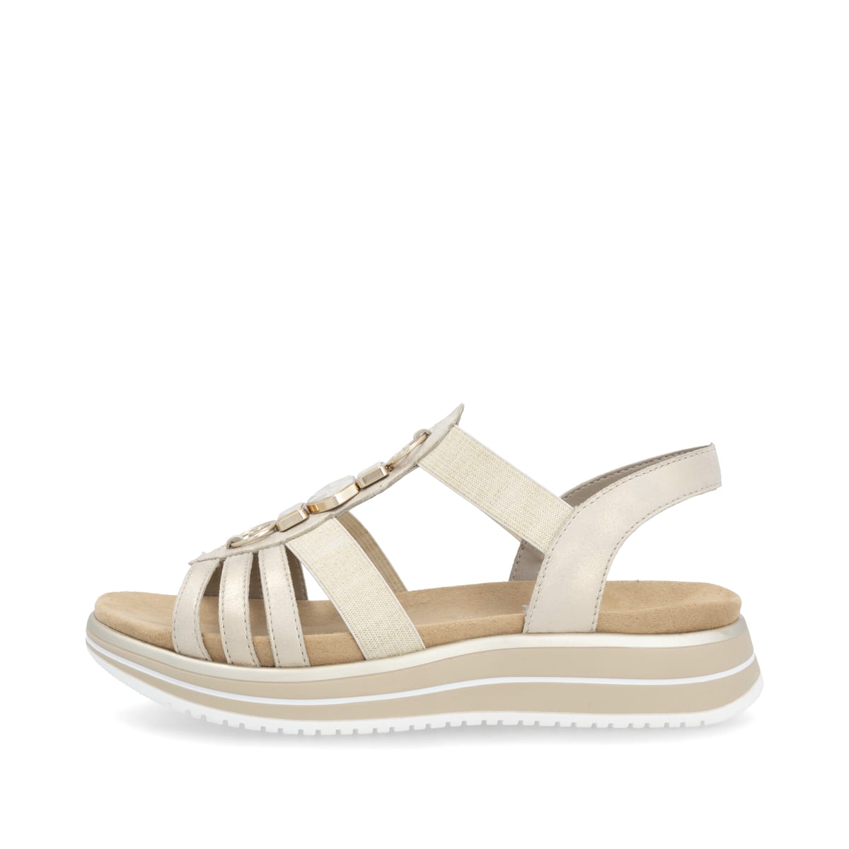 Goldene vegane remonte Riemchensandalen D1J60-91 mit einem Gummizug. Schuh Außenseite.