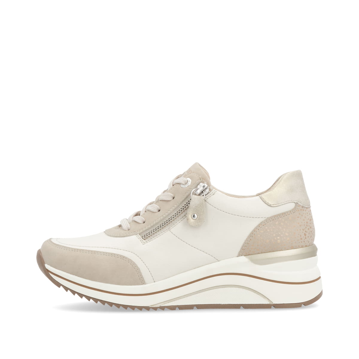 Beige remonte Damen Sneaker D0T00-60 mit einem Reißverschluss sowie Extraweite H. Schuh Außenseite.