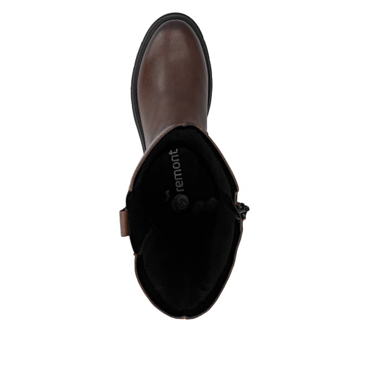 Braune remonte Hochschaftstiefel D1W80-22 mit einem Reißverschluss. Schuh von oben.