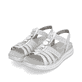 Silberne vegane remonte Riemchensandalen D1J60-90 mit einem Gummizug. Schuhpaar seitlich schräg.