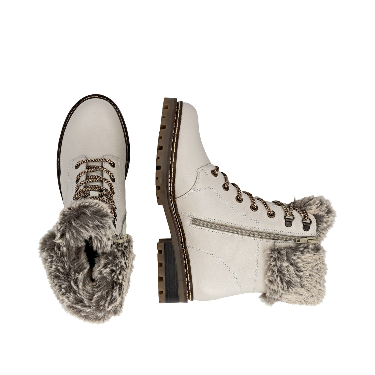 Schneeweiße remonte Damen Schnürstiefel D0B74-80 mit griffiger Glass-Fibre Sohle. Schuh von oben, liegend.