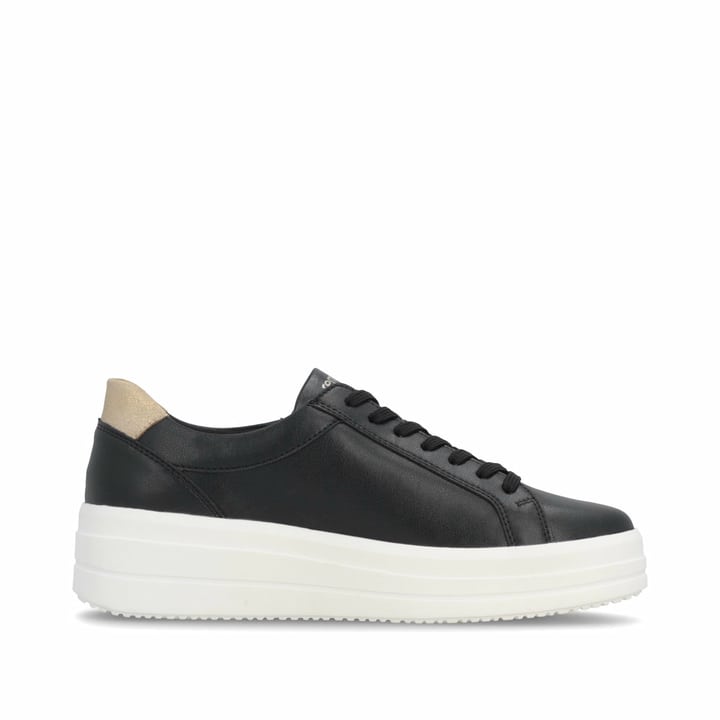 Baskets basses remonte noires pour femme D1C11-03 avec fermeture éclair. Côté intérieur de la chaussure.