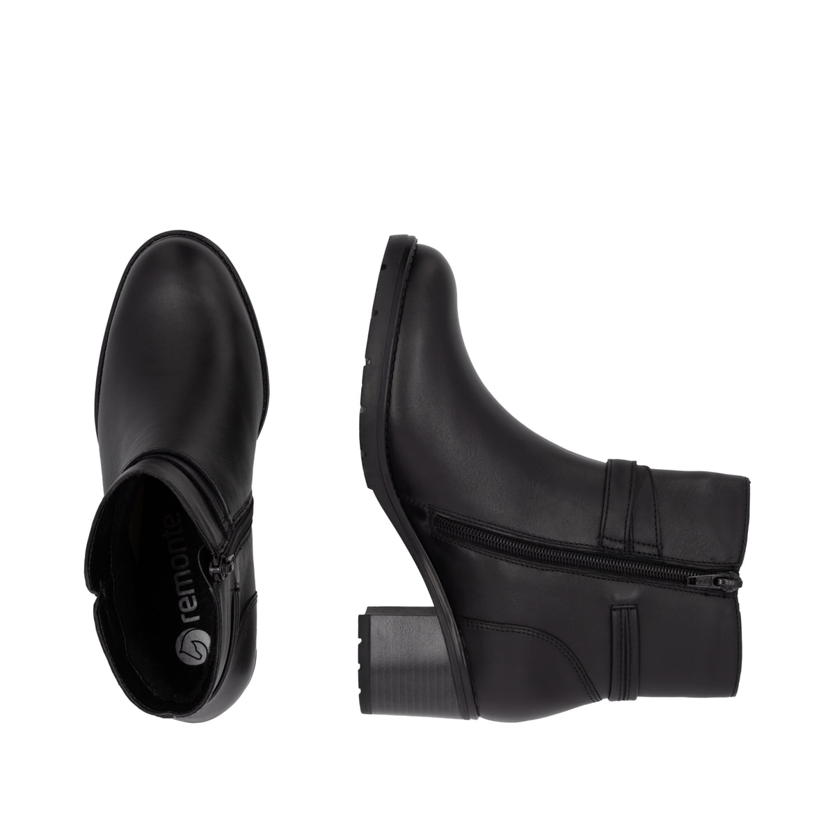 Schwarze remonte Damen Stiefeletten D2A73-00 mit einem Reißverschluss. Schuh von oben, liegend.