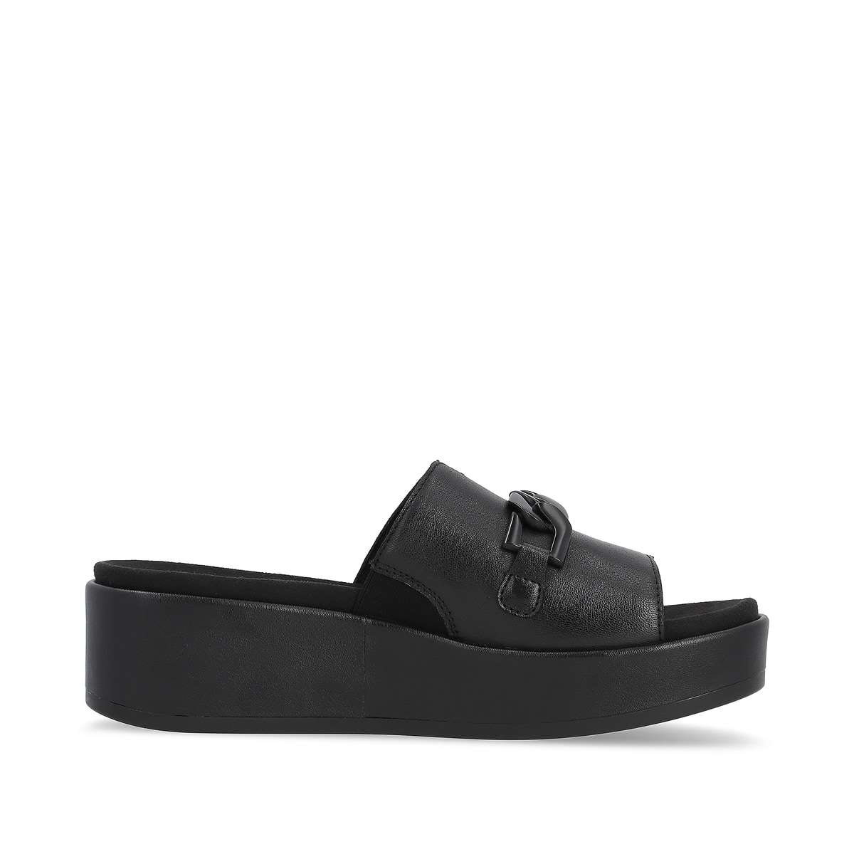 Mitternachtsschwarze remonte Damen Pantoletten D1N51-00 mit stylischer Kette. Schuh Innenseite.