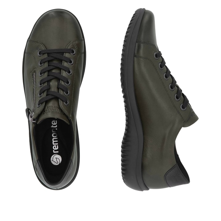 Grünschwarze remonte Damen Schnürschuhe D1E03-53 mit einem Reißverschluss. Schuh von oben, liegend.