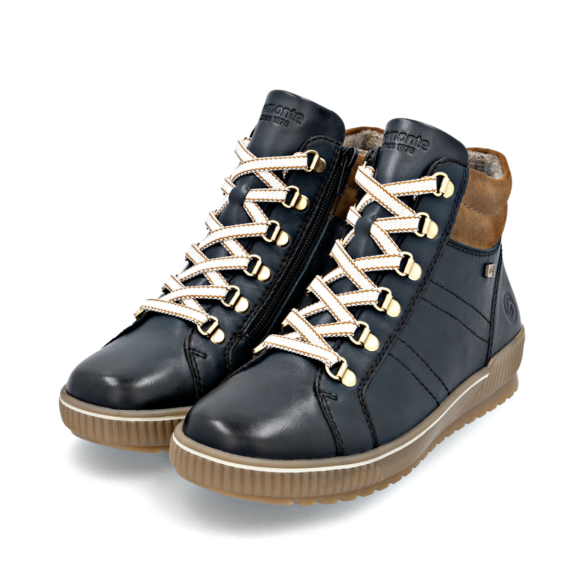 Blaue remonte Damen Schnürstiefel D0781-14 mit wasserabweisender TEX-Membran. Schuhpaar seitlich schräg.