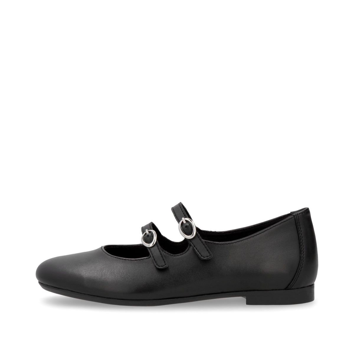 Schwarze remonte Damen Loafer D0K11-00 mit einer Schnalle. Schuh Außenseite.