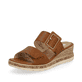 Braune remonte Damen Pantoletten D3068-24 mit einem Klettverschluss. Schuh seitlich schräg.