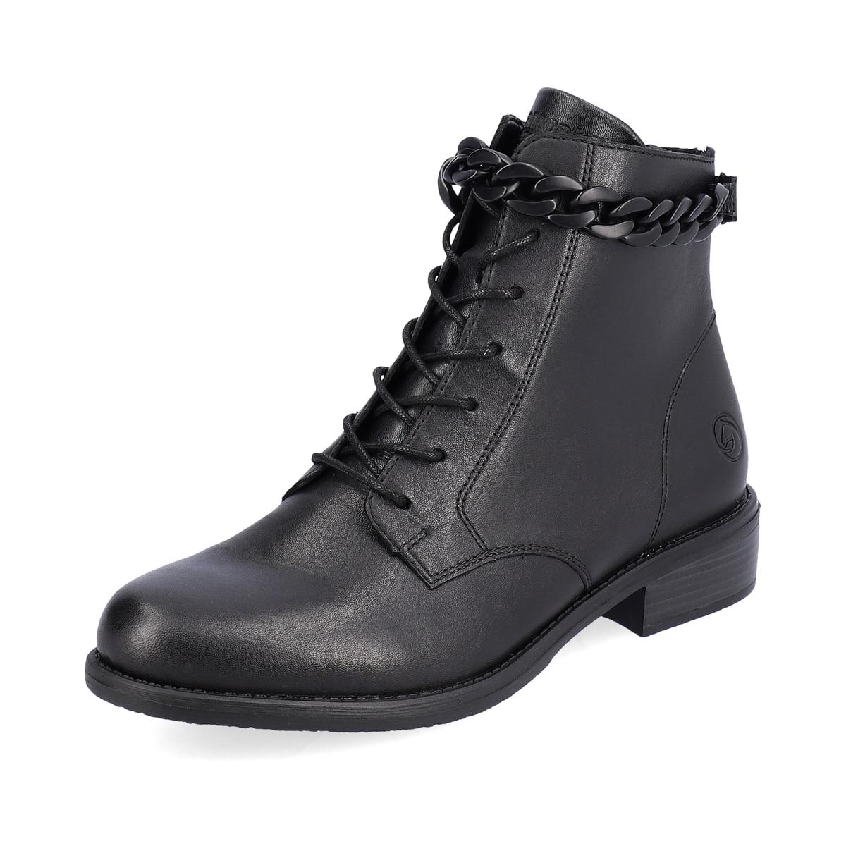 Glanzschwarze remonte Damen Biker Boots D0F74-01 mit Schnürung und Reißverschluss. Schuh seitlich schräg