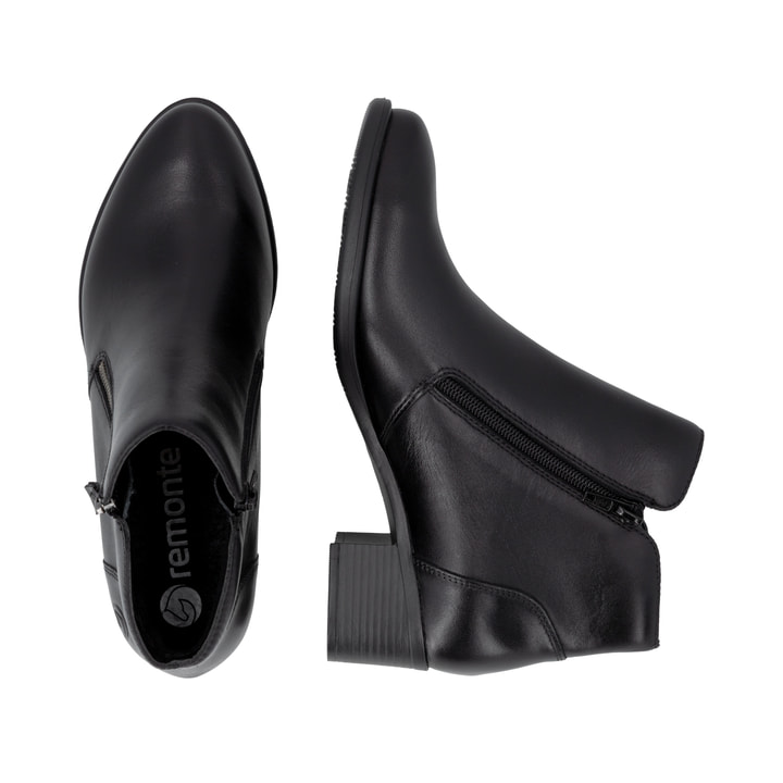 Schwarze remonte Damen Stiefeletten R5190-00 mit einem Reißverschluss. Schuh von oben, liegend.