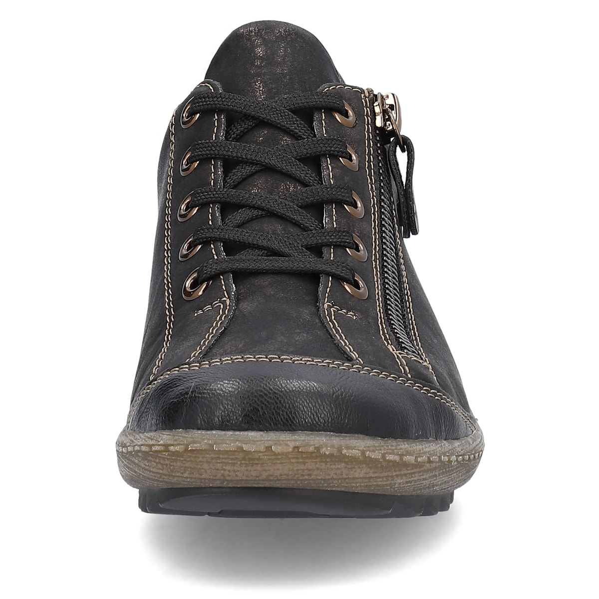 Schwarz-bronzene remonte Damen Schnürschuhe R1402-07 mit einem Reißverschluss. Schuh von vorne.