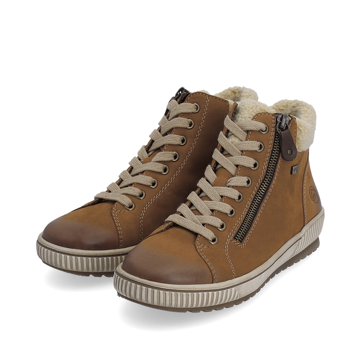 Cognacfarbene remonte Damen Schnürstiefel D0770-22. Schuhpaar seitlich schräg.
