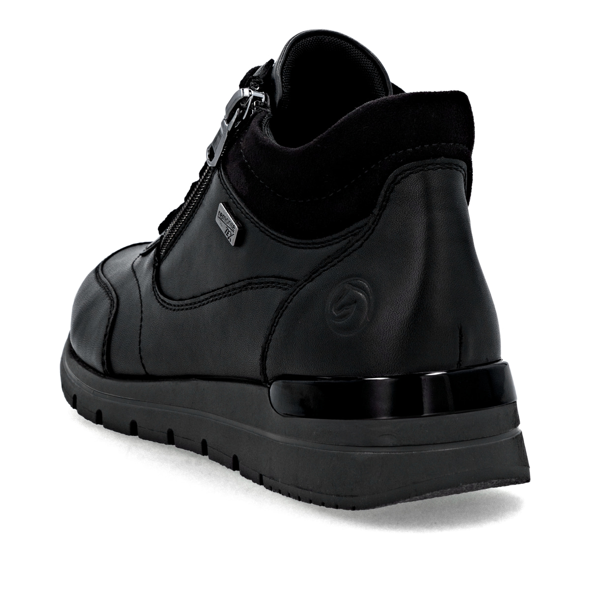 Schwarze remonte Damen Kurzstiefel R6775-00 mit wasserabweisender TEX-Membran. Schuh von hinten.