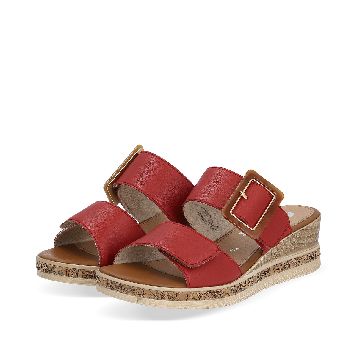 Kirschrote remonte Damen Pantoletten D3068-33 mit Klettverschluss. Schuhpaar seitlich schräg.