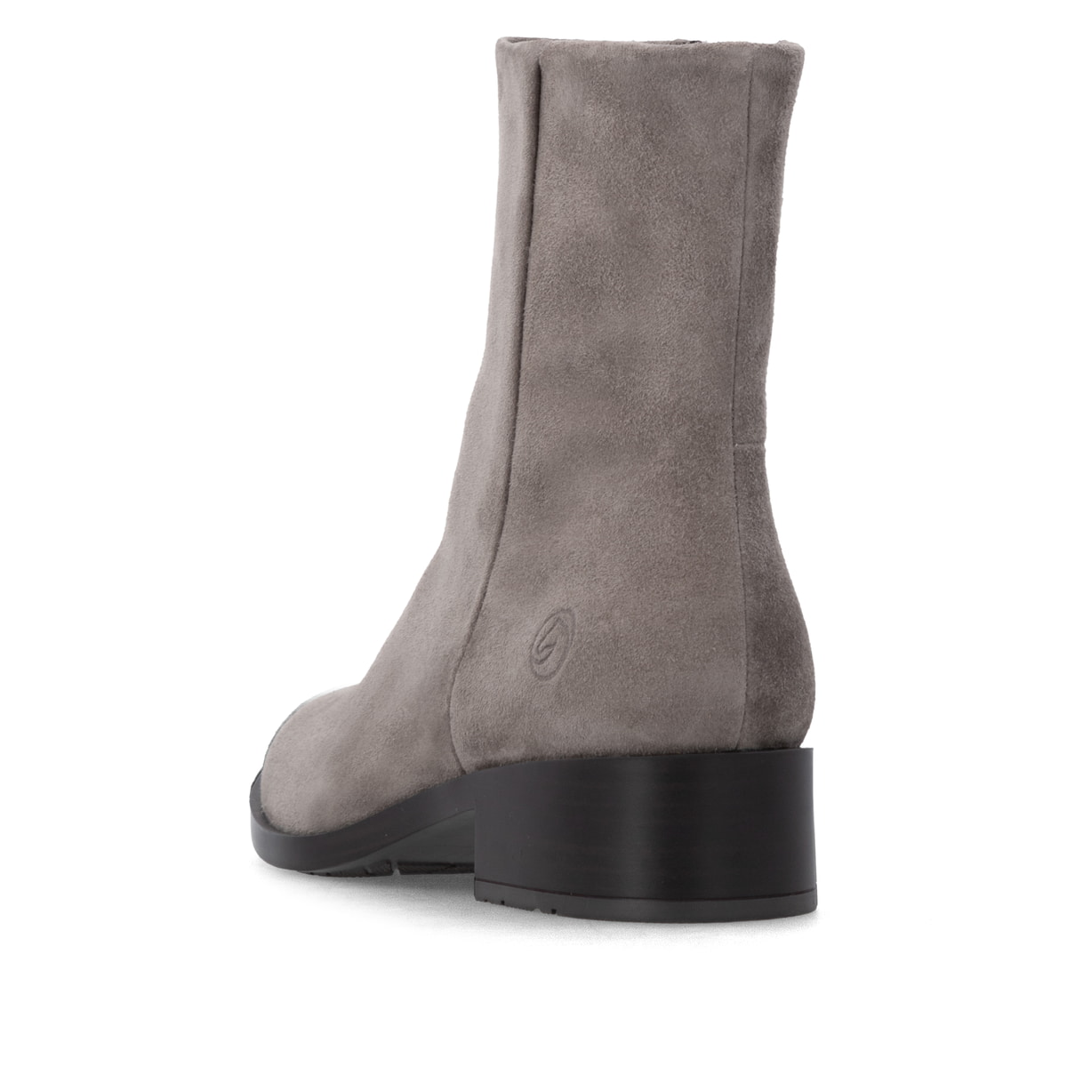 Graue remonte Damen Stiefeletten D3U73-42 mit einem Reißverschluss. Schuh von hinten.