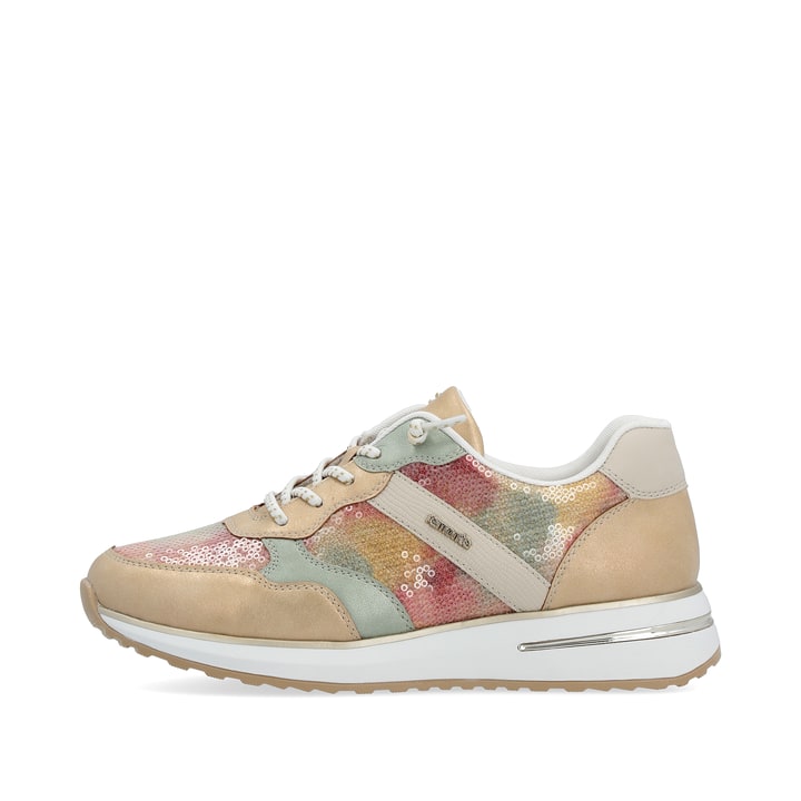 Bunte remonte Damen Sneaker D1G01-90 mit Schnürung sowie bunter Marmorierung. Schuh Außenseite.