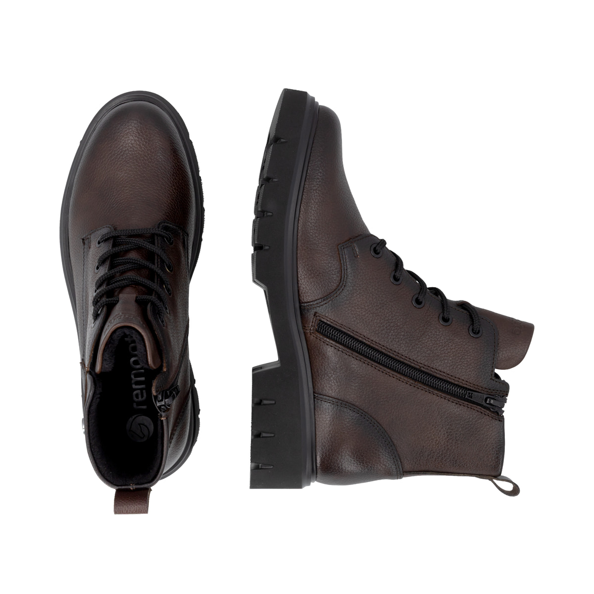 Dunkelbraune remonte Damen Schnürstiefel D1W83-25 mit einem Reißverschluss. Schuh von oben, liegend.