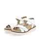 Weiße remonte Riemchensandalen D2049-83 mit einem Klettverschluss. Schuhpaar seitlich schräg.