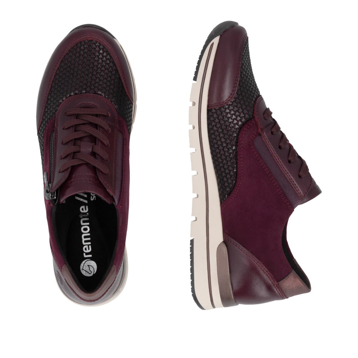 Weinrote remonte Damen Sneaker R6714-30 mit Reißverschluss sowie Komfortweite G. Schuh von oben, liegend.