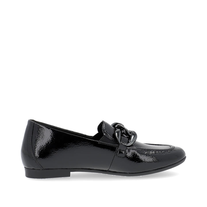 Mocassins remonte noir brillant pour femmes D0K00-01 avec chaîne à gros maillons. Côté intérieur de la chaussure.