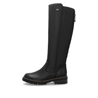 
Asphaltschwarze remonte Damen Hochschaftstiefel D0B72-01 mit einer Profilsohle. Schuh Außenseite