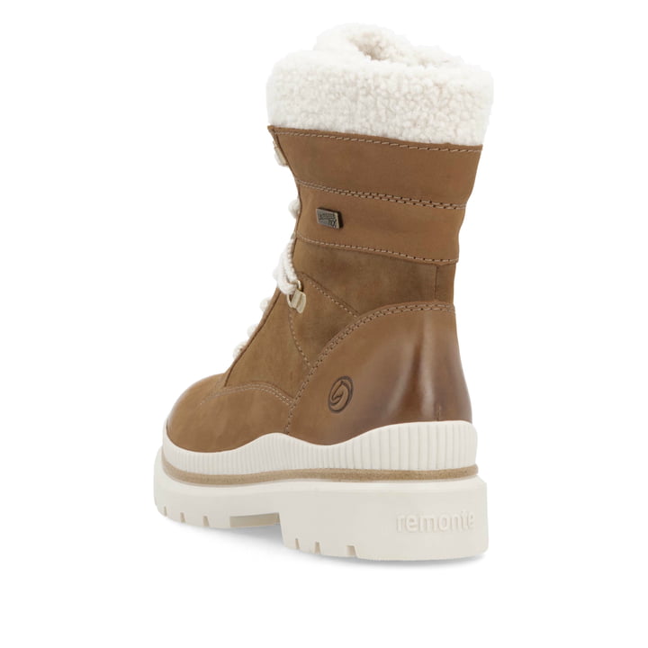 Braune remonte Damen Schnürstiefel D0C77-23 mit griffiger Glass-Fibre Sohle. Schuh von hinten.