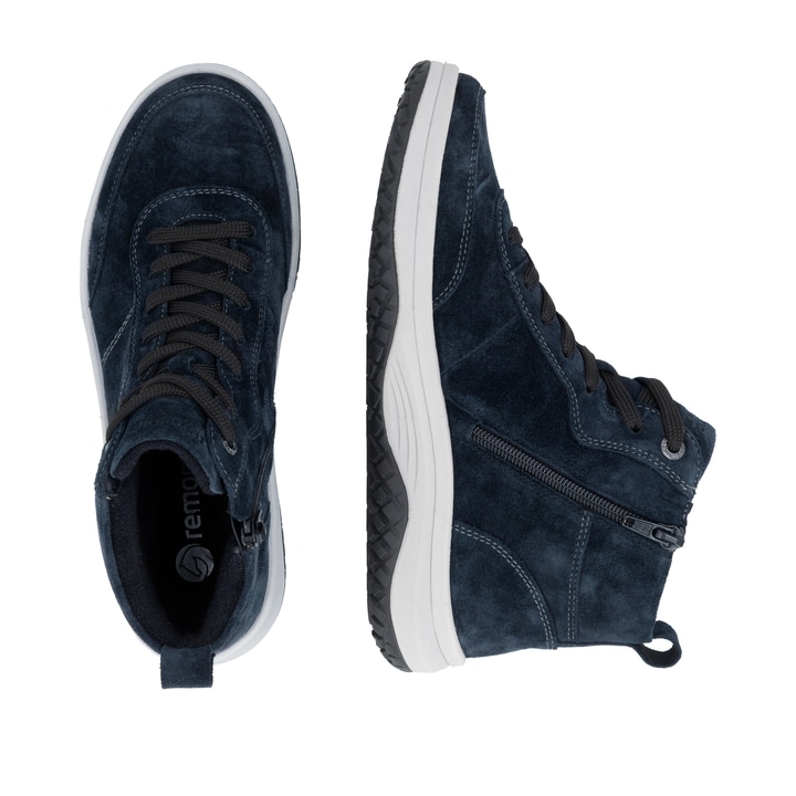 Dunkelblaue remonte Damen Schnürstiefel D3Q70-14. Schuh von oben, liegend.