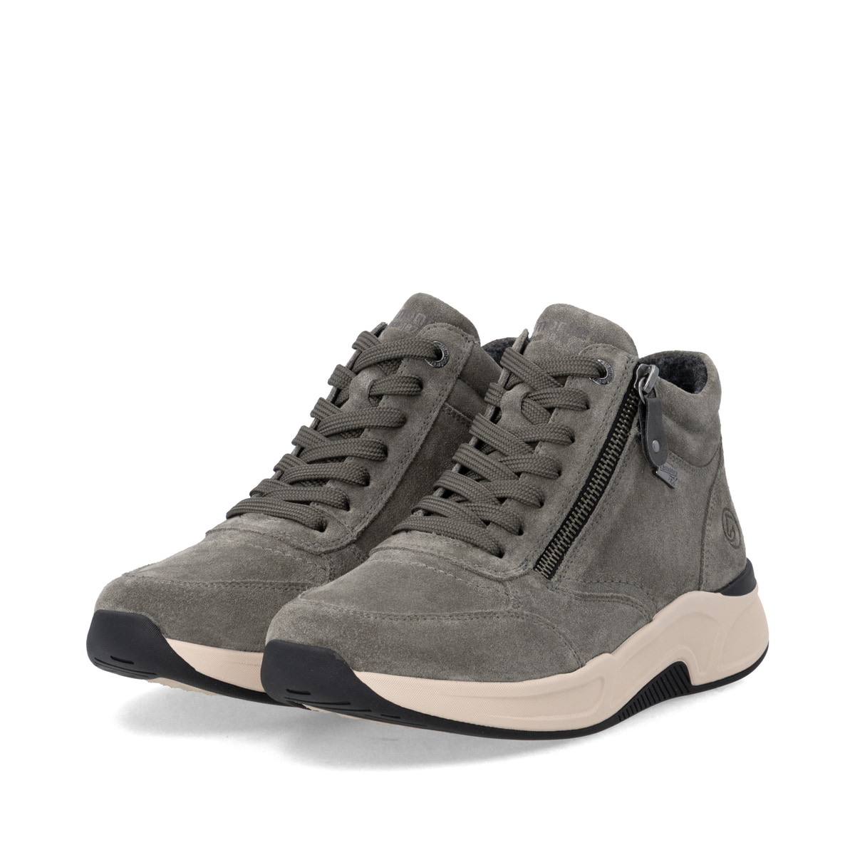 Graue remonte Damen Sneaker D3V71-45 mit wasserabweisender TEX-Membran. Schuhpaar seitlich schräg.