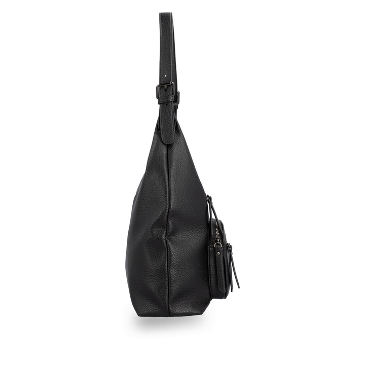 Sac bandoulière remonte Q0725-00 en noir avec un compartiment principal spacieux, fermeture éclair et deux poches extérieures. Côté droit.