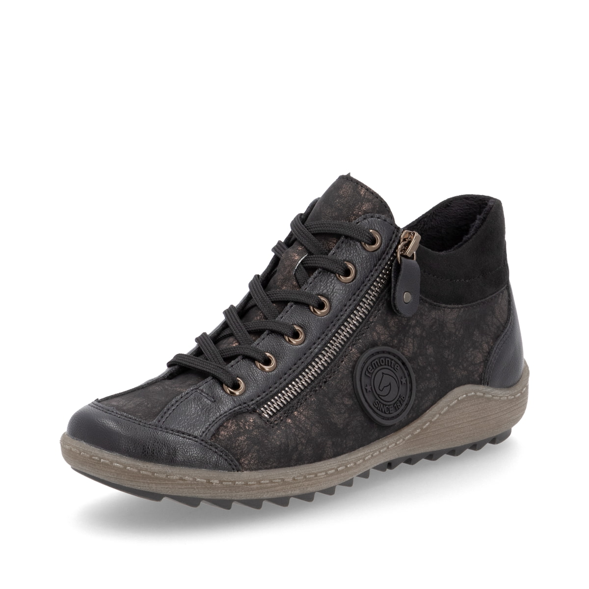 Schwarz-bronzene remonte Damen Schnürstiefel R1477-90 mit einem Reißverschluss. Schuh seitlich schräg.