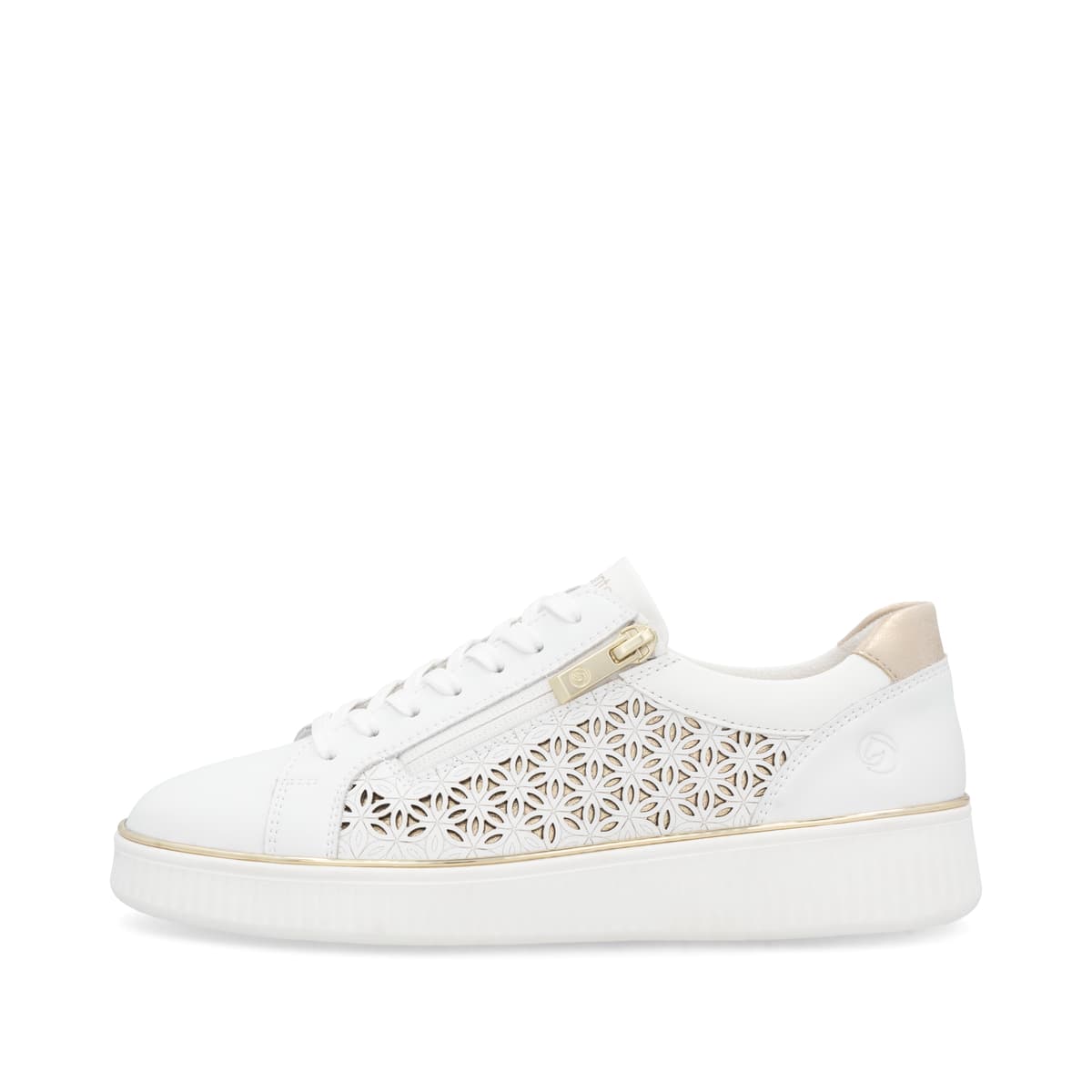 Weiße remonte Damen Sneaker Low D2E03-80 mit Reißverschluss sowie Komfortweite G. Schuh Außenseite.