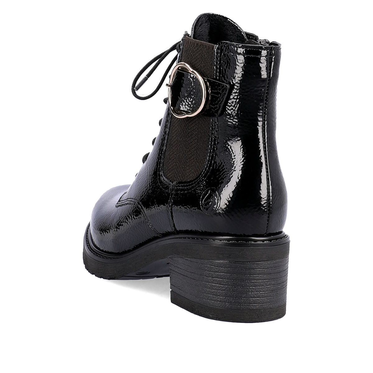 Glanzschwarze remonte Damen Biker Boots D1A72-01 mit Schnürung und Reißverschluss. Schuh von hinten