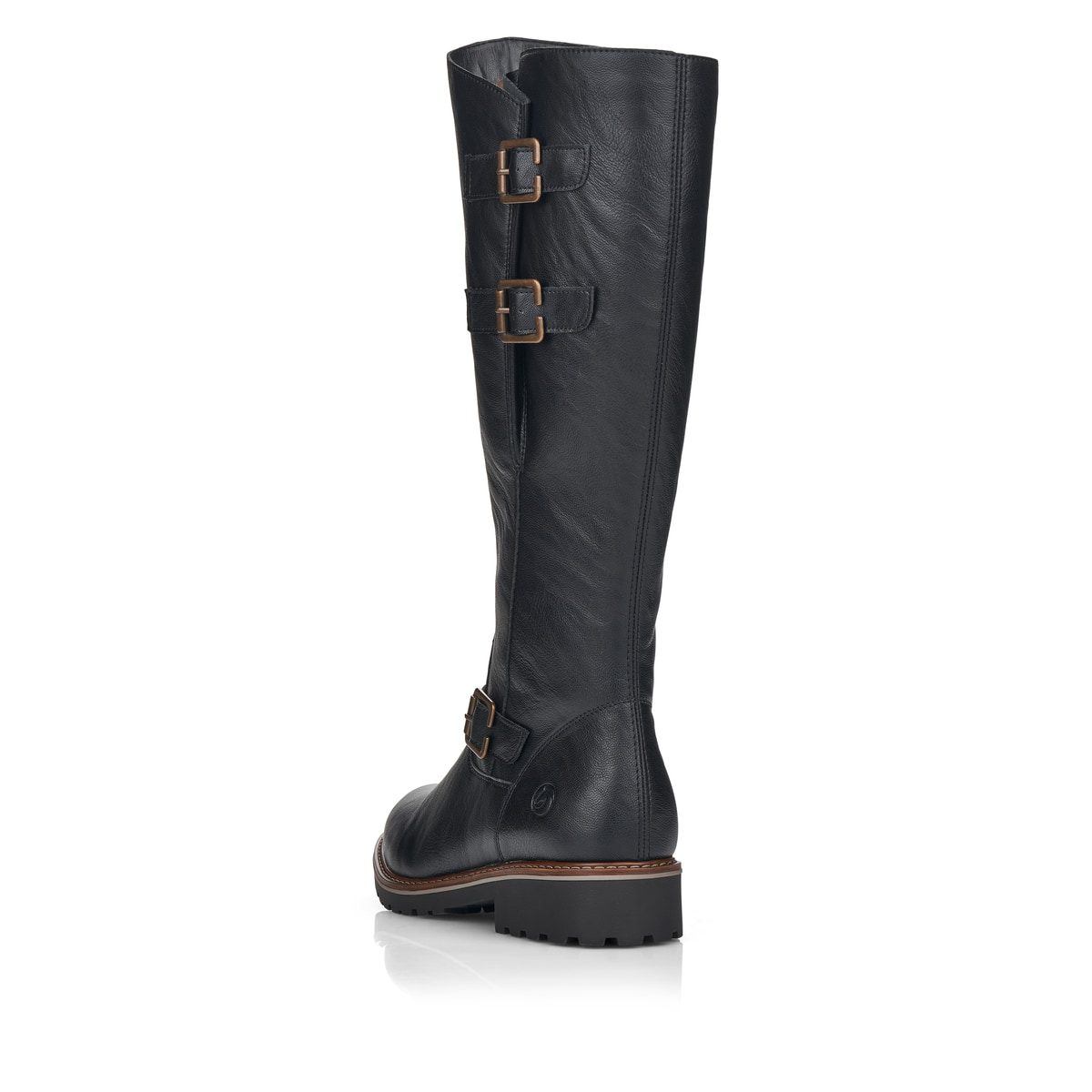 Schwarze remonte Hochschaftstiefel R6590-01 mit einem Reißverschluss. Schuh von hinten.