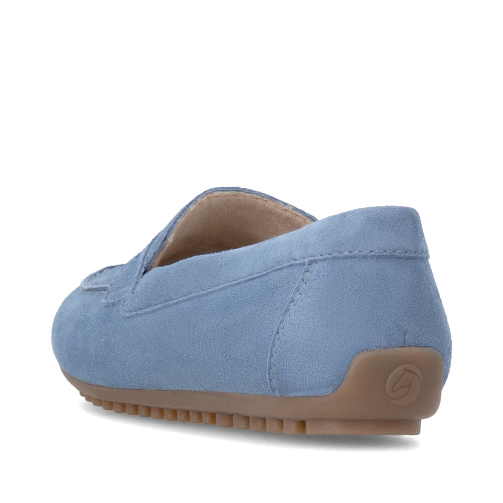 Blaue remonte Damen Loafer D3K00-14 mit einer herausnehmbaren Einlegesohle. Schuh von hinten.