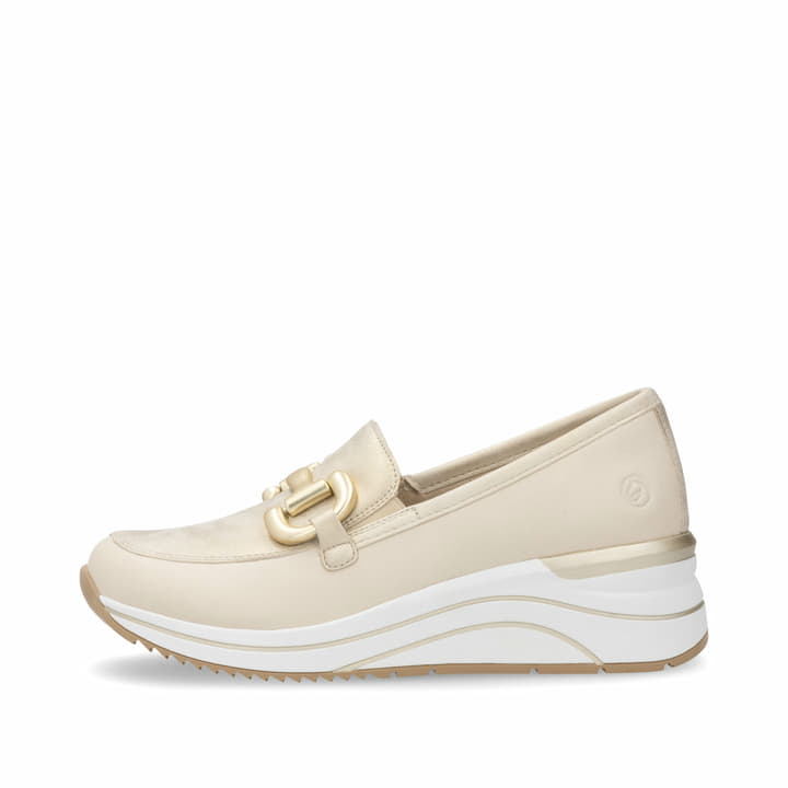 Mocassins remonte beiges pour femme D0T12-60 avec éléments décoratifs. Côté extérieur de la chaussure.