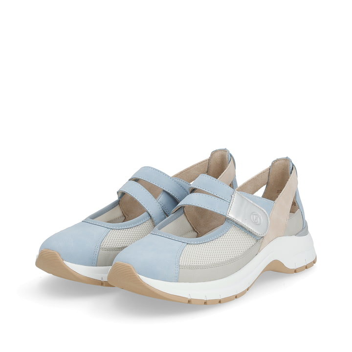 Blaue remonte Ballerinas D0G08-10 mit einem Klettverschluss sowie Extraweite H. Schuhpaar seitlich schräg.