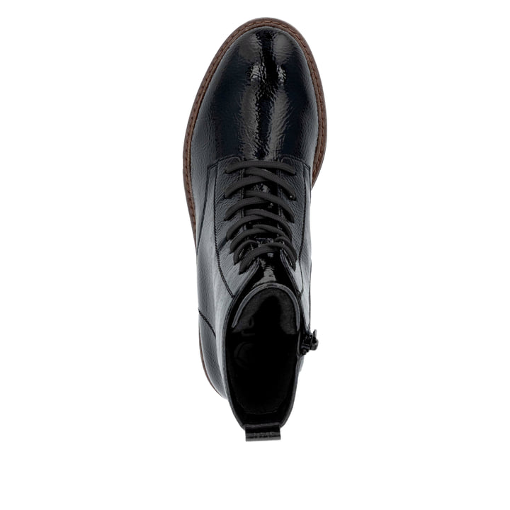 Schwarze remonte Damen Schnürstiefel D2Q71-03 mit einem Reißverschluss. Schuh von oben.