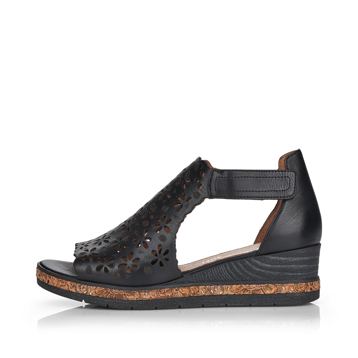 
Asphaltschwarze remonte Damen Keilsandaletten D3056-01 mit einer dämpfenden Sohle. Schuh Außenseite