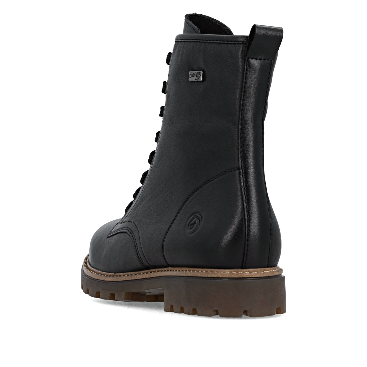 Schwarze remonte Damen Schnürstiefel D3C70-00 mit wasserabweisender TEX-Membran. Schuh von hinten.