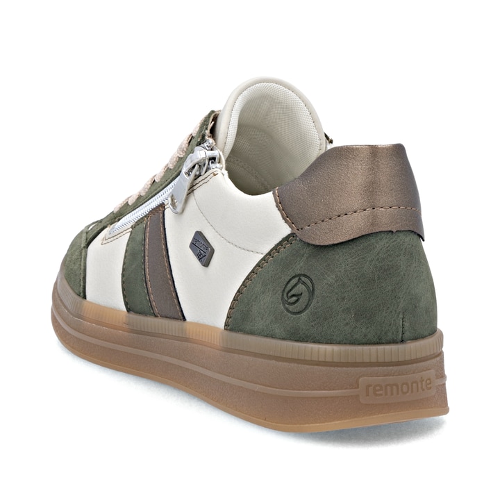 Beige remonte Damen Sneaker D2C04-60 mit wasserabweisender remonteTEX-Membran. Schuh von hinten.