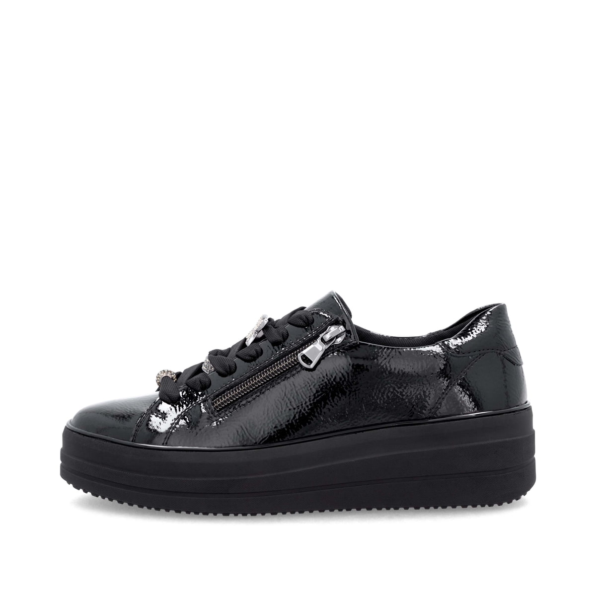 Baskets basses remonte noires pour femme D1C09-00 avec fermeture éclair. Côté extérieur de la chaussure.