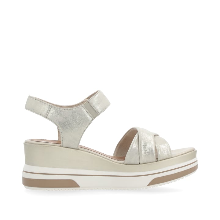 Goldene remonte Keilsandaletten D1P51-90 mit einem Klettverschluss. Schuh Innenseite.