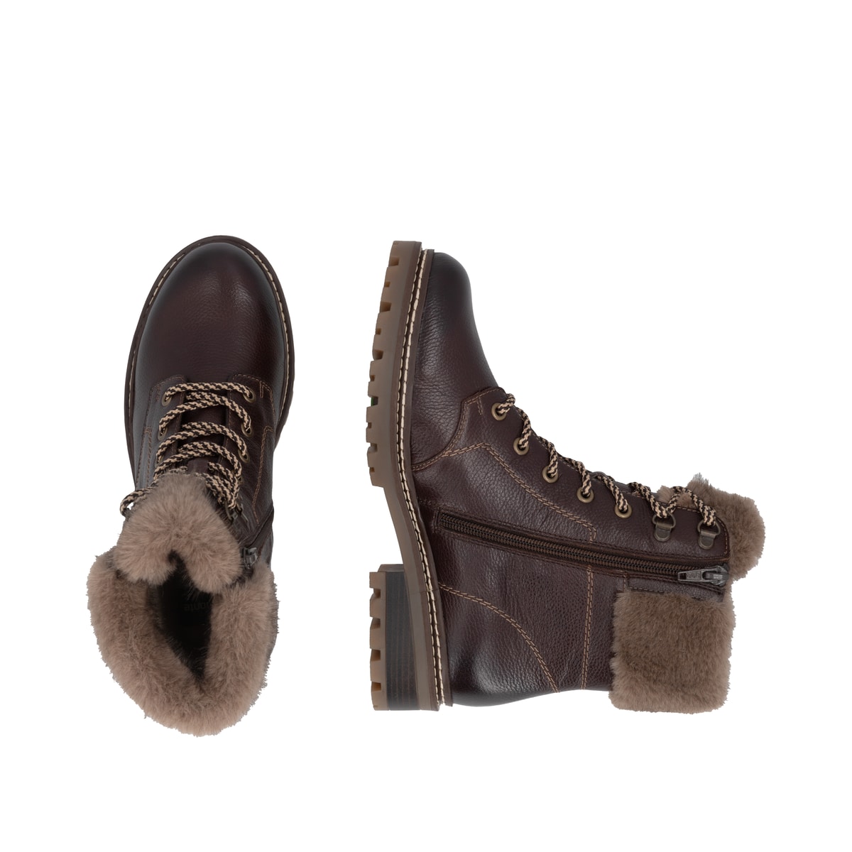 Dunkelbraune remonte Damen Schnürstiefel D0B74-25. Schuh von oben, liegend.