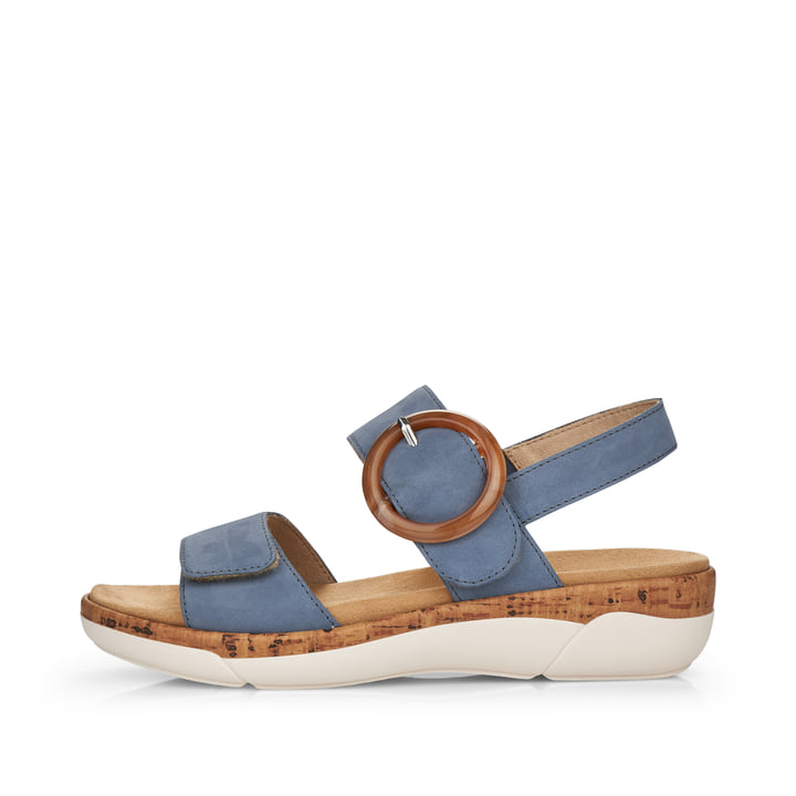 Blaue remonte Riemchensandalen R6853-14 mit einem Klettverschluss. Schuh Außenseite.