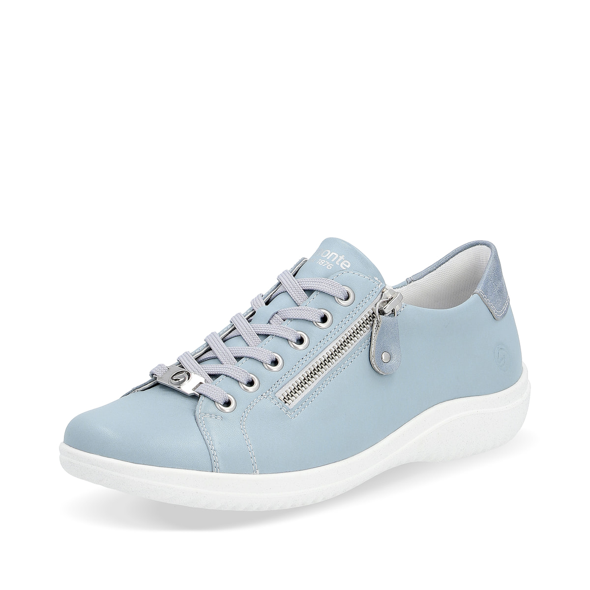 Babyblaue remonte Damen Schnürschuhe D1E03-10 mit einem Reißverschluss. Schuh seitlich schräg.