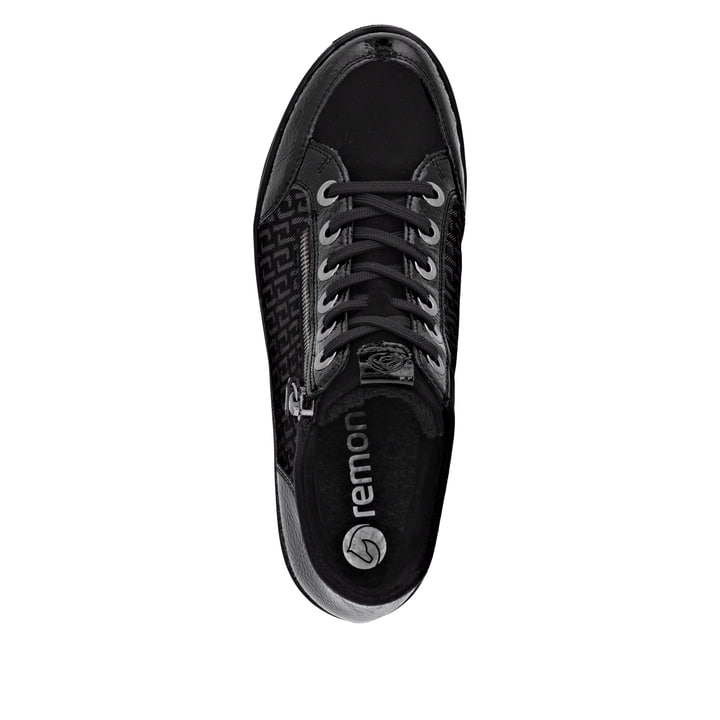 Schwarze remonte Damen Schnürstiefel R0773-05 mit einem Reißverschluss. Schuh von oben.