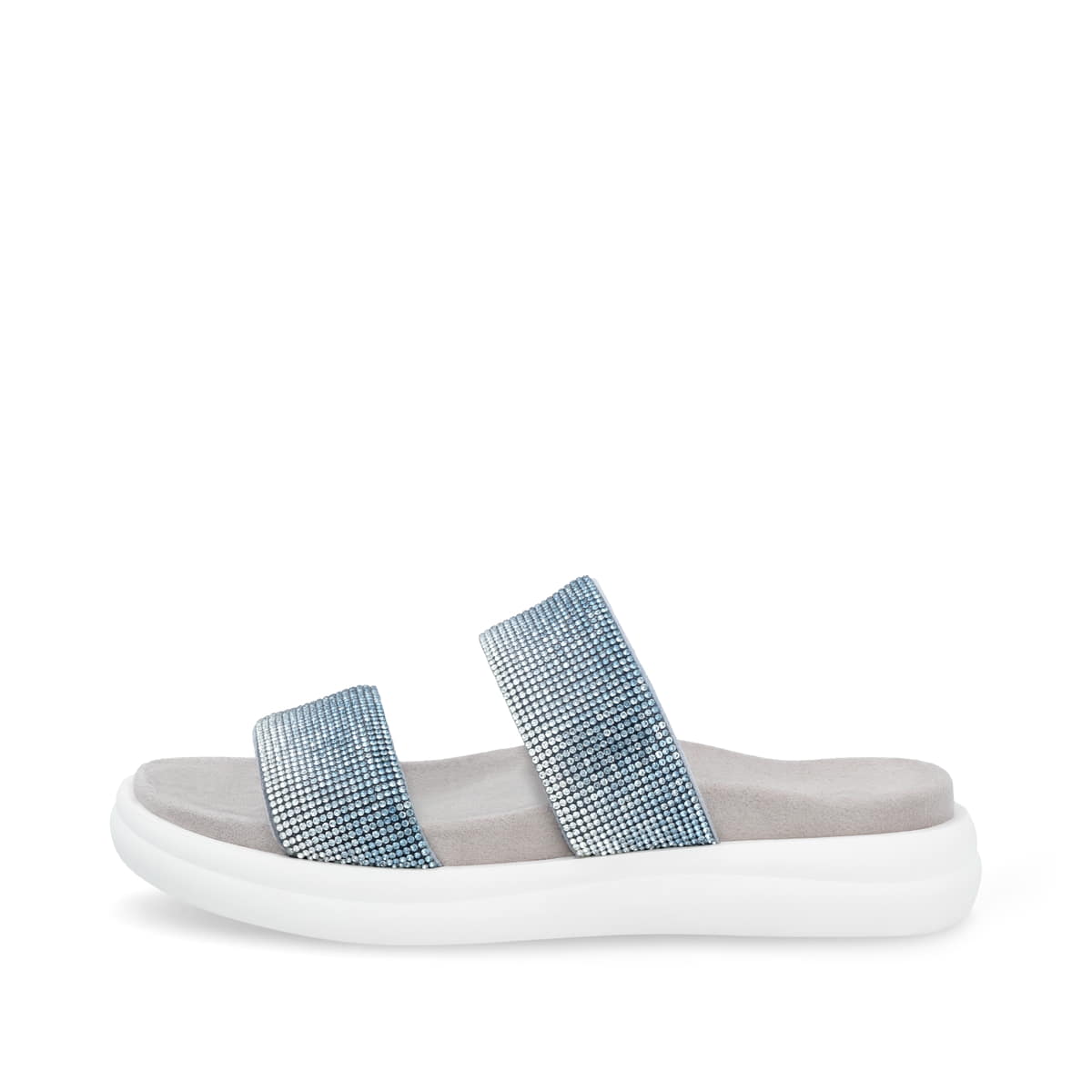 Blaue vegane remonte Damen Pantoletten D2N50-14 mit einem weichen Fußbett. Schuh Außenseite.