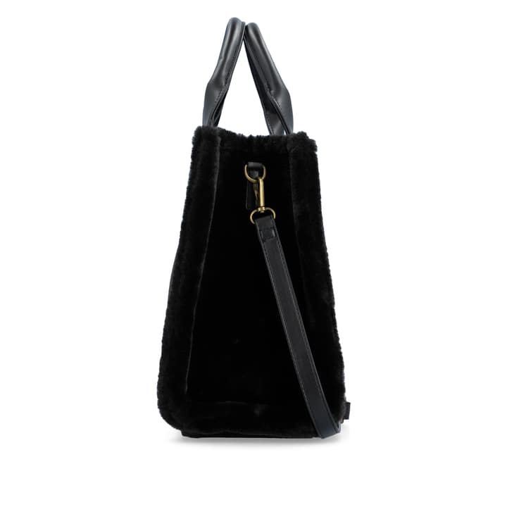 remonte Shopper Q0766-00 in Schwarz mit Reißverschluss, zusätzlichem Schulterriemen und fluffy Obermaterial. Rechtsseitig.