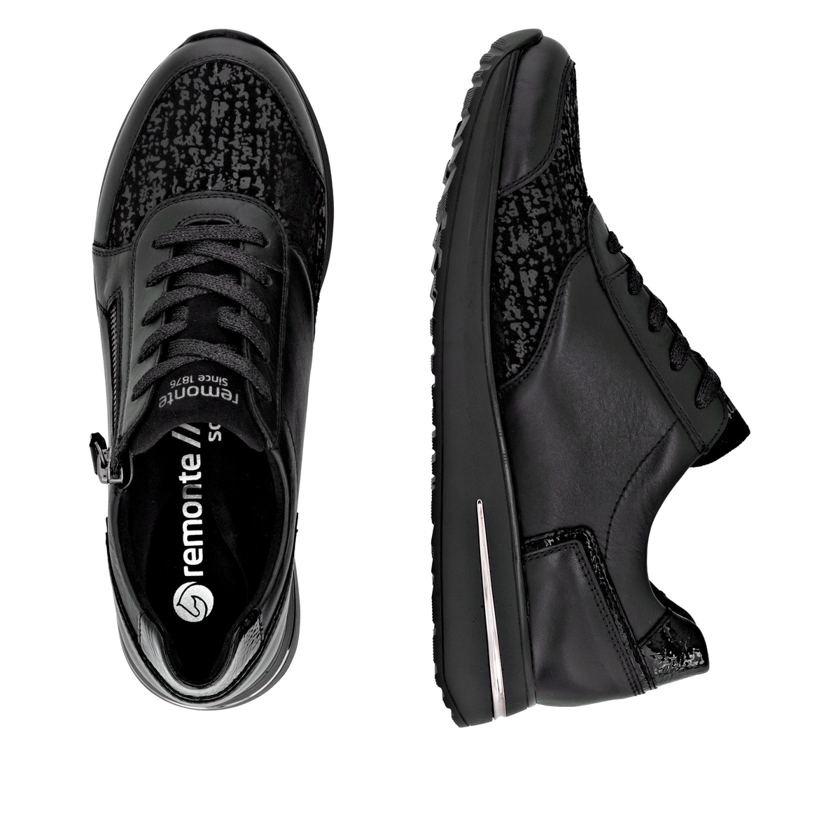 Schwarze remonte Damen Sneaker D1G10-00 mit einem Reißverschluss. Schuh von oben, liegend.