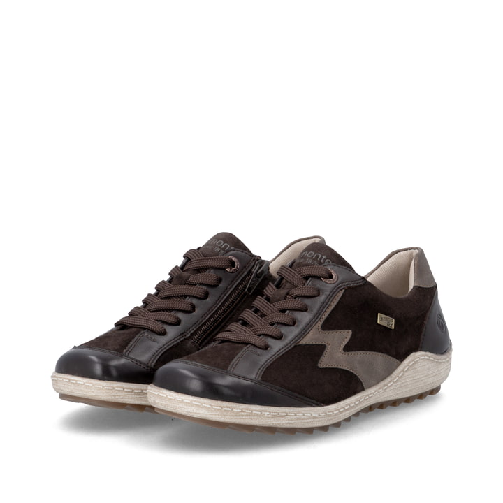 Dunkelbraun-bronzene remonte Damen Schnürschuhe R1443-25. Schuhpaar seitlich schräg.